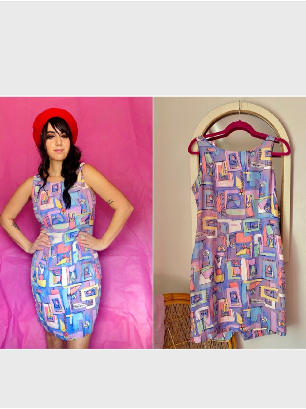 80s Abstract Cat & Bunny Print Mini Dress